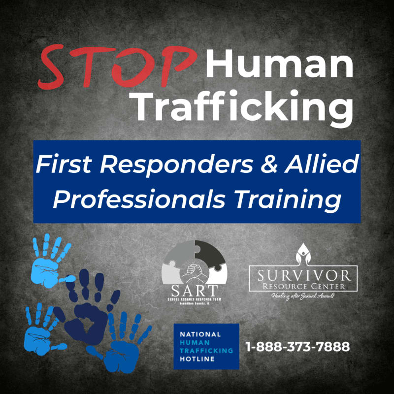 Text promoting human trafficking training for first responders and professionals is layered over a dark grey textured background featuring blue handprints and various organizational logos.