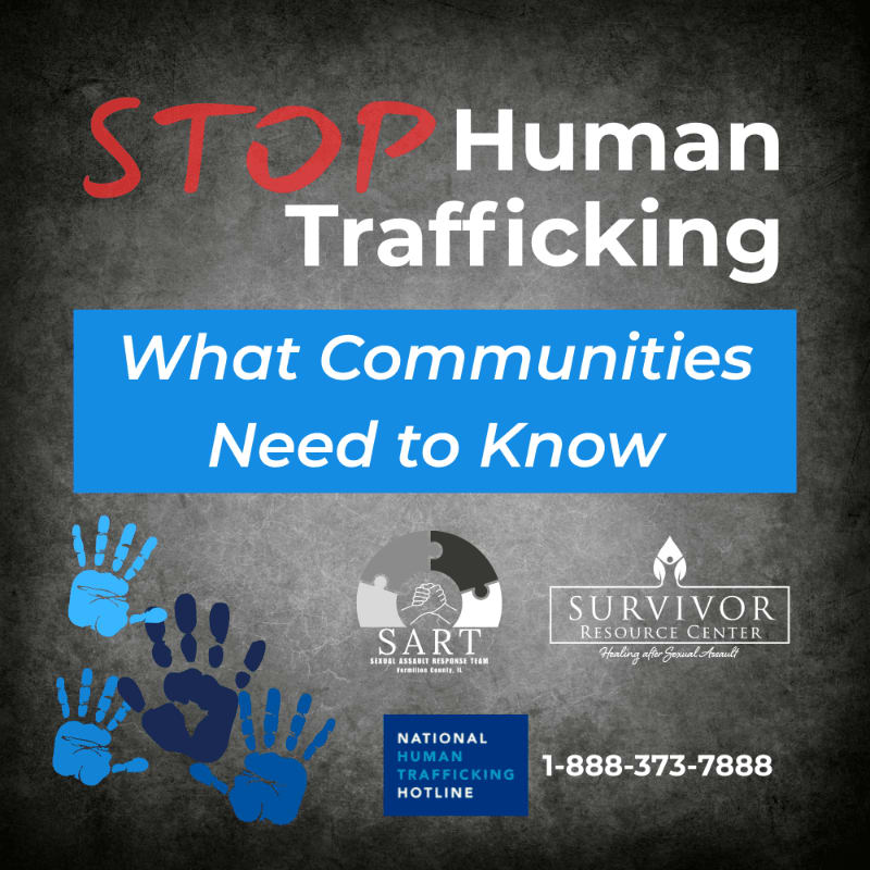 Text reading "STOP Human Trafficking: What Communities Need to Know" and various organization logos and a hotline number are set against a dark, textured grey background with blue handprints in the lower left.