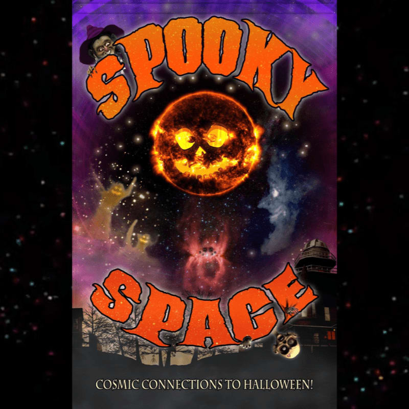 Orange "SPOOKY SPACE" text surrounds a jack-o'-lantern sun and ghostly figures set against a cosmic nebula and a dark silhouette of a house.