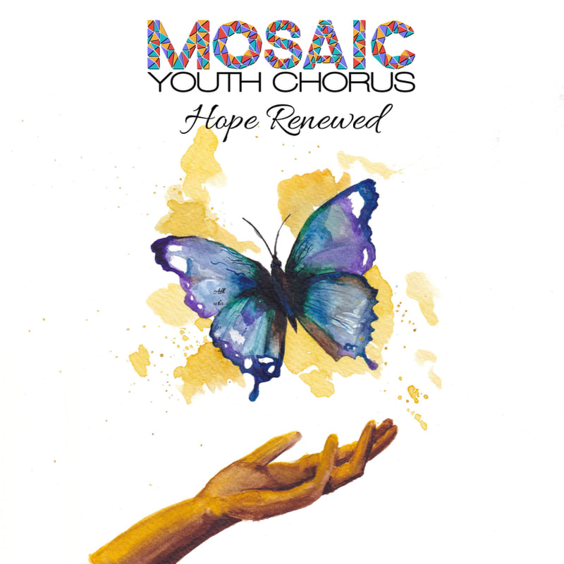 A blue butterfly hovers above an open hand against a white background with a yellow watercolor splash and text at the top.