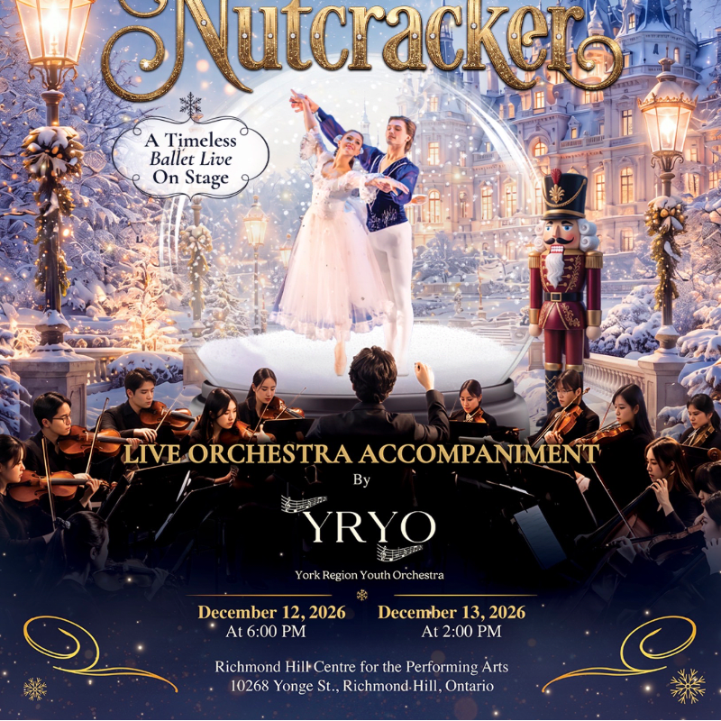 A ballet couple dances inside a snow globe in the foreground, set against a backdrop of a wintery cityscape and a live orchestra.