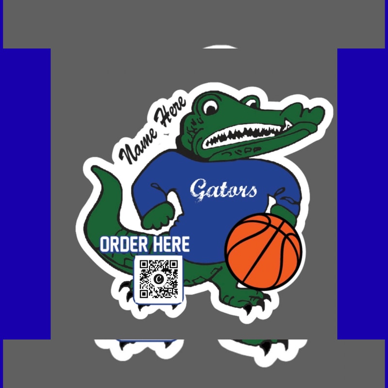 A cartoon alligator wearing a blue "Gators" jersey and holding a basketball is centered against a grey and blue background.