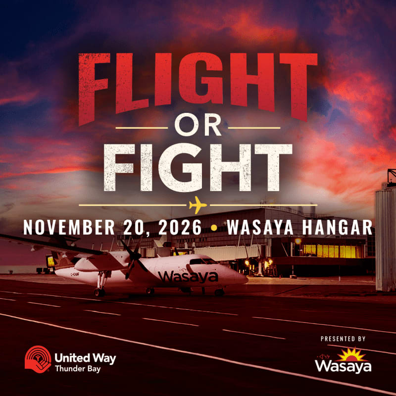 A Wasaya airplane sits on a tarmac in the foreground beneath bold "FLIGHT OR FIGHT" text and a dramatic red and purple sunset sky in the background.