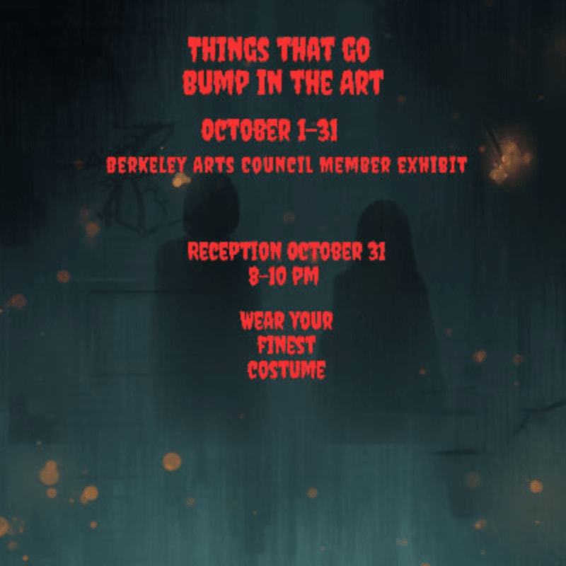 Red text announces a Halloween-themed art exhibit and reception with a spooky, silhouetted background.