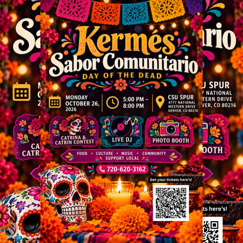 Colorful sugar skulls and marigolds sit in the foreground of a vibrant Day of the Dead event flyer featuring festive text and event details against a blurred background of warm lights.
