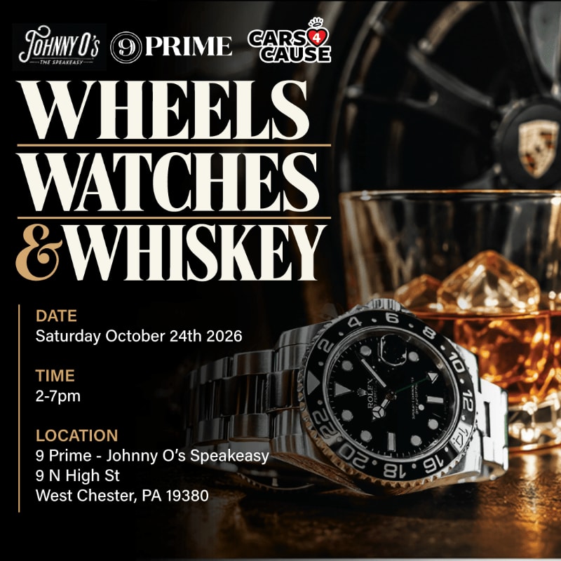 A luxury watch sits in the foreground next to a glass of whiskey, with a car wheel visible in the dark background and event text overlaid on the left.