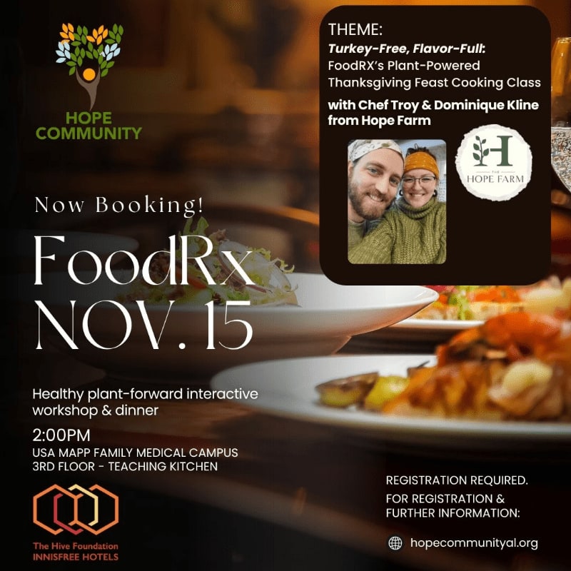 A promotional flyer for a "FoodRx" cooking class features text and a photo of two chefs in the foreground, set against a blurred background of gourmet plated dishes.