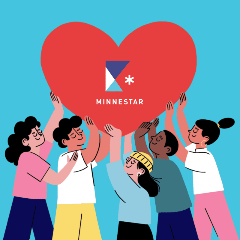 Five diverse people hold up a large red heart featuring the Minnestar logo against a solid light blue background.