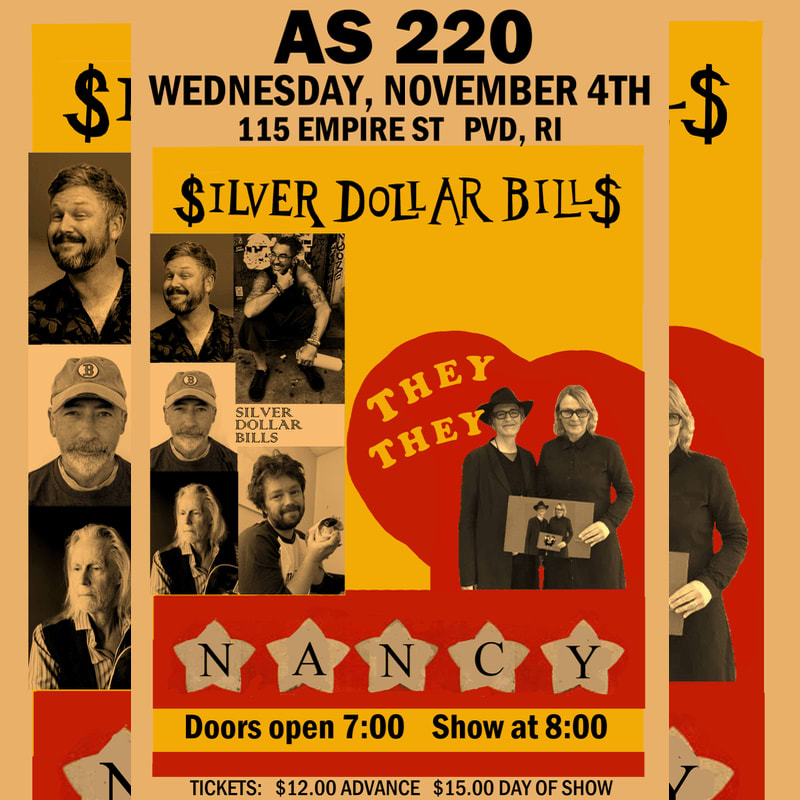 A promotional concert poster features a collage of musician portraits in the foreground against a yellow and red graphic background with event details.
