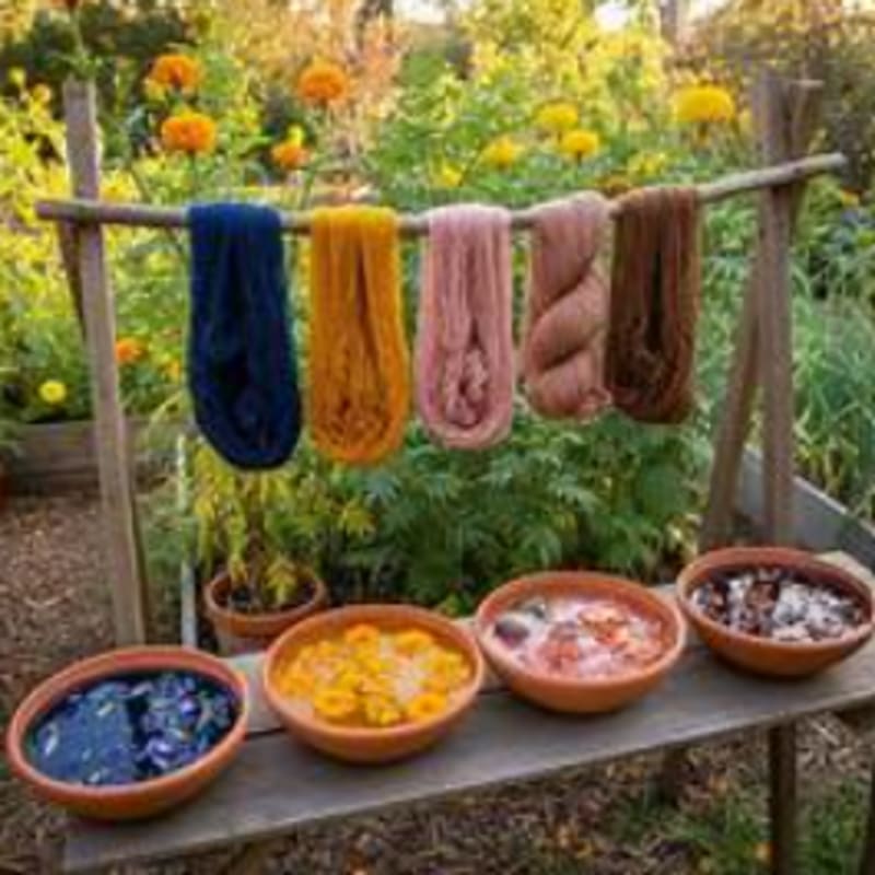 Colorful dyed fabrics hang from a wooden rack above matching bowls of dye, set against a lush garden of yellow flowers.