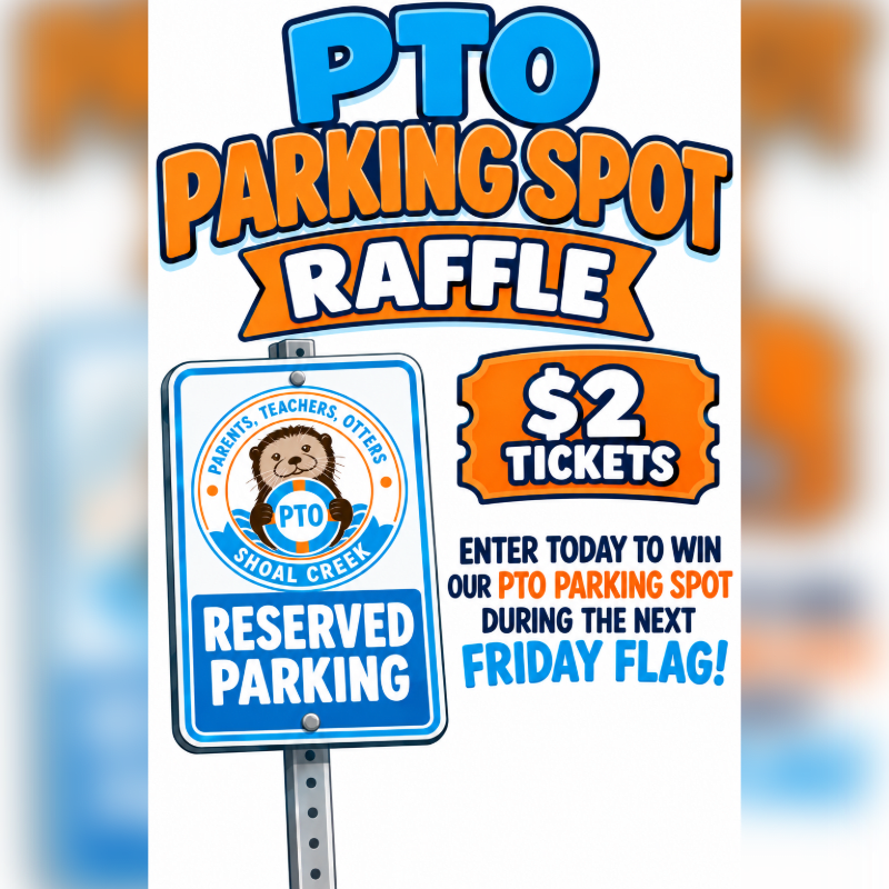 A colorful promotional flyer for a PTO parking spot raffle features a reserved parking sign and ticket price in the foreground against a white background.