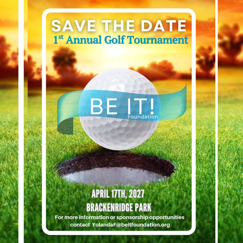 A golf ball with a "BE IT! Foundation" ribbon sits above a hole in a green field, set against a sunset landscape with trees.