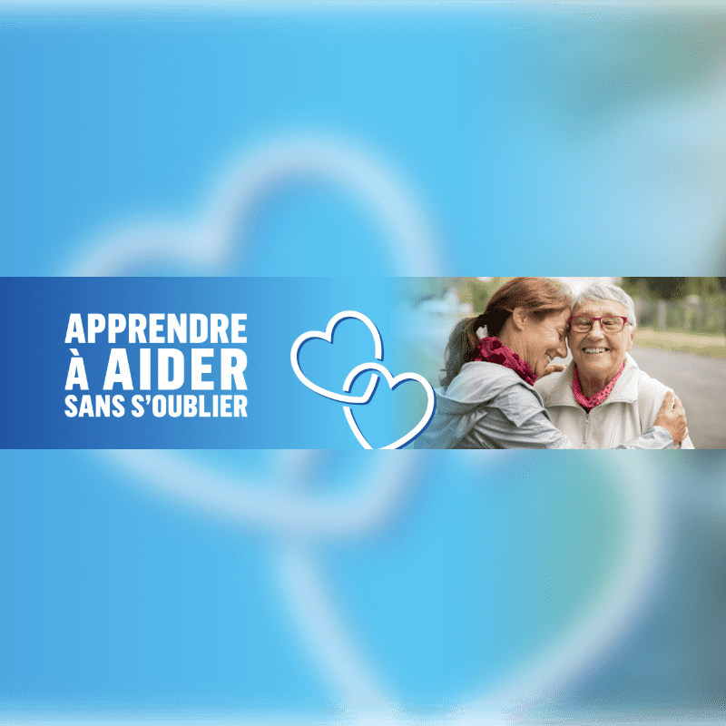 Two women embrace in the foreground next to French text and heart icons, set against a soft blue background with a large, blurred heart shape.