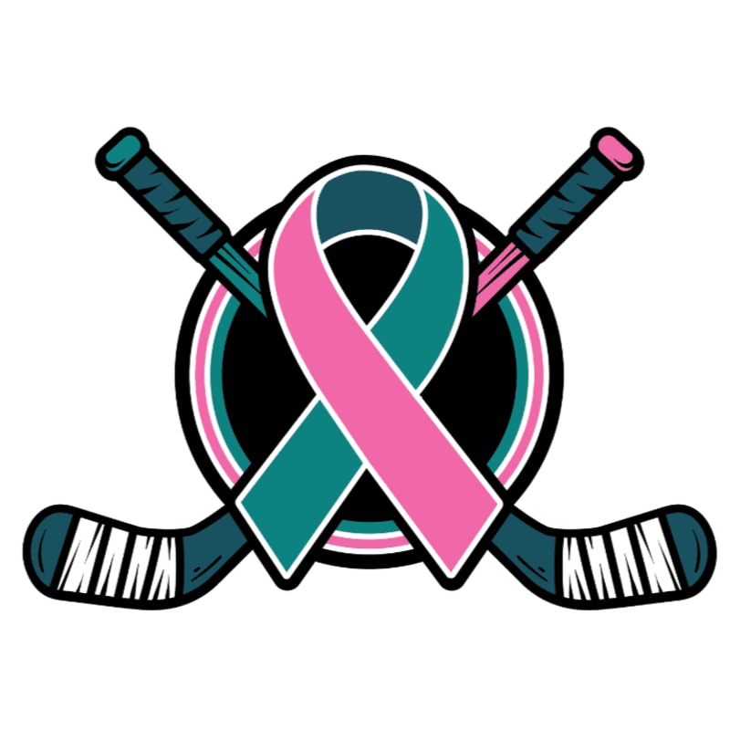 A pink and teal awareness ribbon is layered over two crossed hockey sticks and a puck against a plain white background.