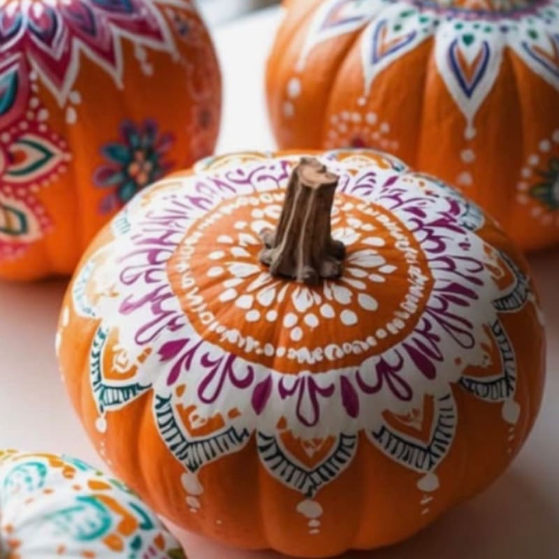 Intricately painted mandala pumpkins sit in the foreground with more decorated pumpkins blurred in the background.