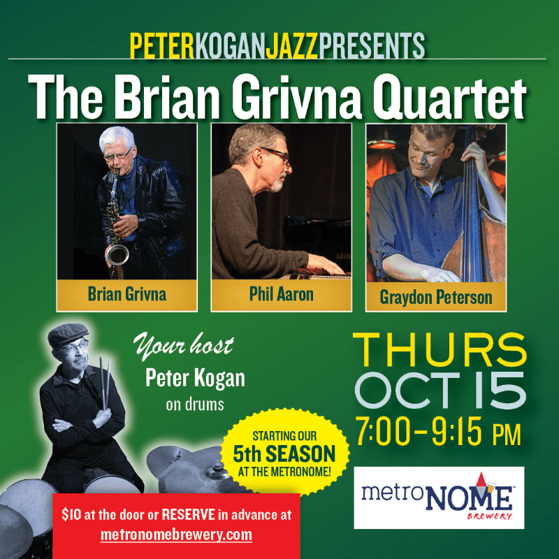 A promotional jazz concert poster features photos of the Brian Grivna Quartet and host Peter Kogan against a green and red background with event details.
