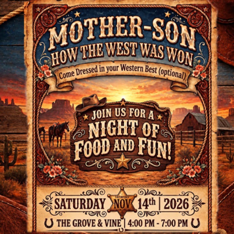 A Western-themed event flyer for a "Mother-Son" night is set against a desert landscape featuring horses, a barn, and a sunset.