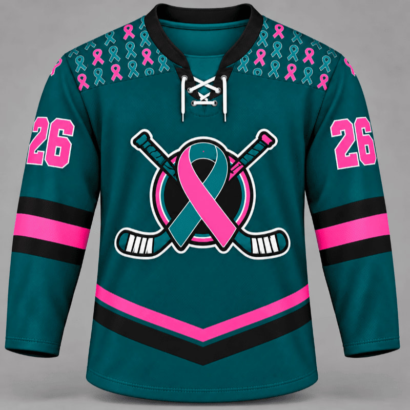 A teal hockey jersey featuring a pink ribbon and crossed sticks in the foreground is set against a plain grey background.