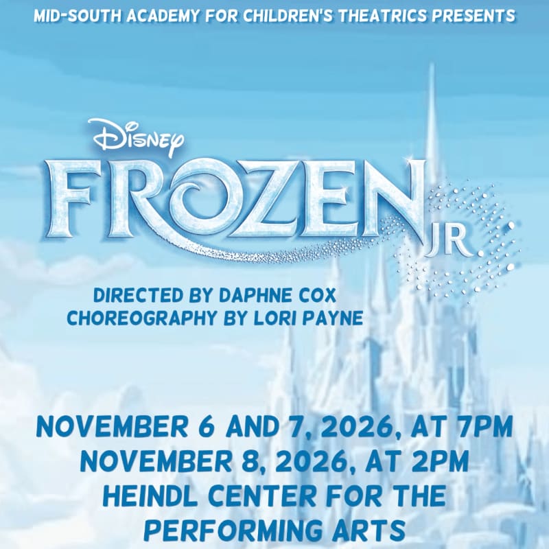 Text announcing a production of Disney's Frozen Jr. is layered over a background of a shimmering ice castle and a light blue sky.