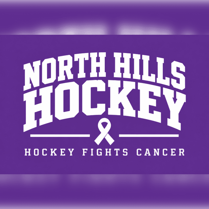 White text reading "NORTH HILLS HOCKEY" and "HOCKEY FIGHTS CANCER" with a ribbon icon is centered on a solid purple background.