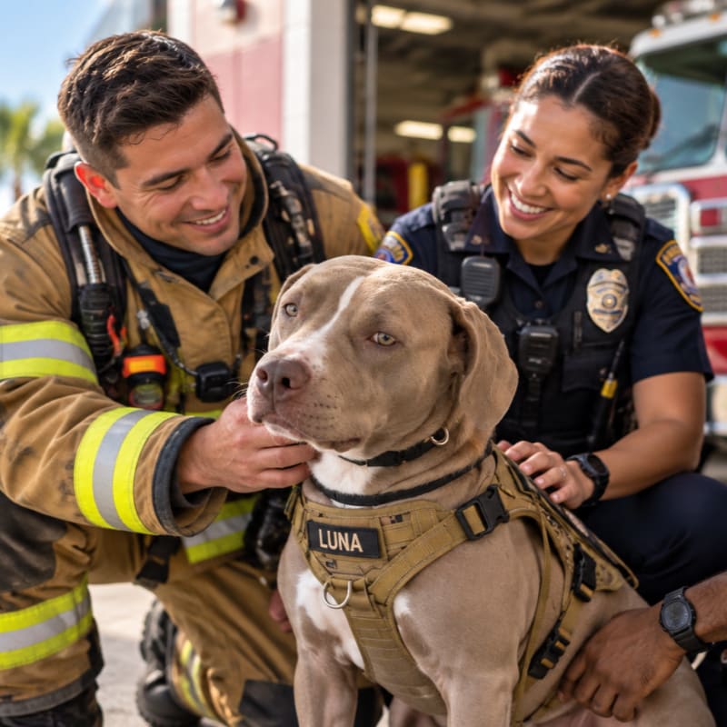 A smiling firefighter and police officer pet a brown pit bull named Luna in front of a fire station.