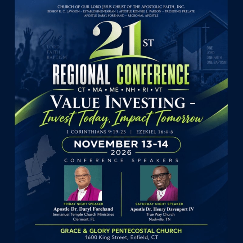 A promotional flyer for the 21st Regional Conference on "Value Investing" features event details and speaker portraits in the foreground against a dark blue background with silhouettes of a cheering crowd.