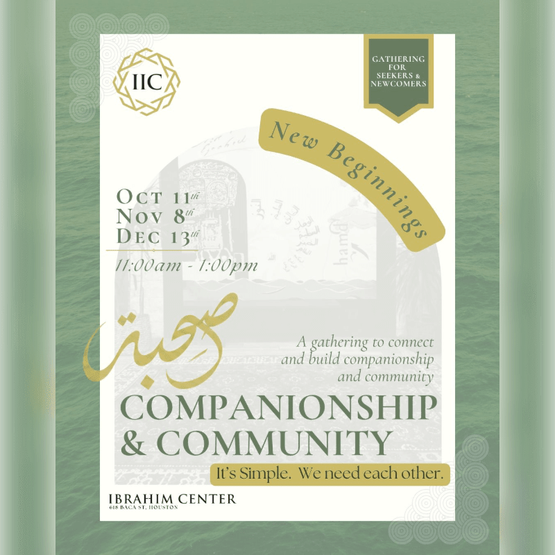 A white promotional flyer for the Ibrahim Center's "Companionship & Community" event is centered against a muted green background.