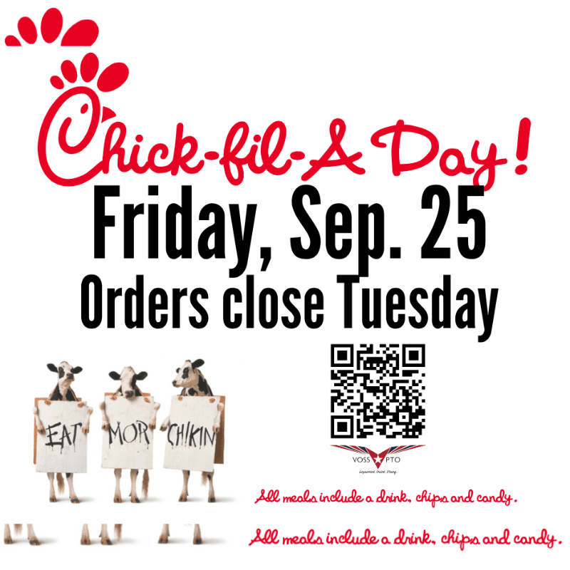 Three cows holding signs that say "EAT MOR CHIKIN" and a QR code are in the foreground against a white background with red and black promotional text.