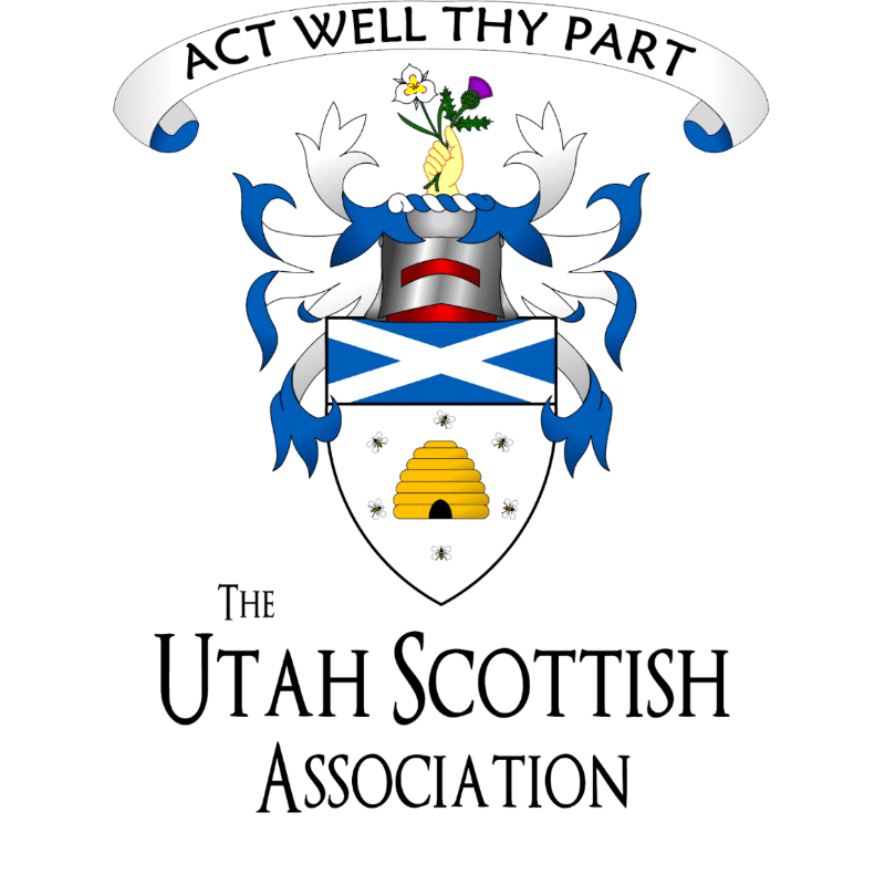 A colorful coat of arms featuring a beehive and the Scottish flag sits above the text "THE UTAH SCOTTISH ASSOCIATION" against a plain white background.
