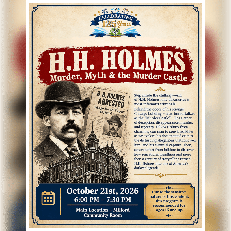 A promotional poster for an event about H.H. Holmes features a portrait of the man and a building in the foreground against a parchment-style background with text.