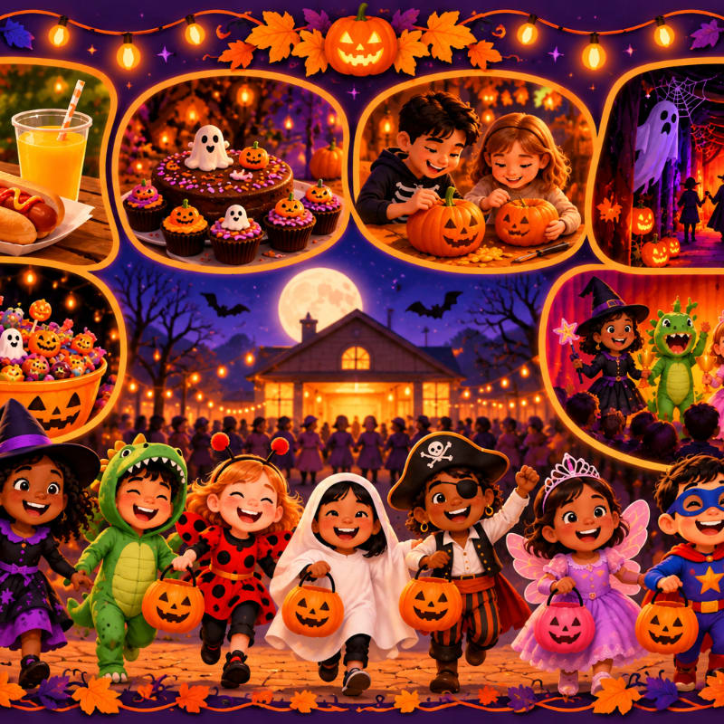 Cheerful children in various Halloween costumes walk forward in the foreground, while a spooky night scene with a full moon and a haunted house fills the background.
