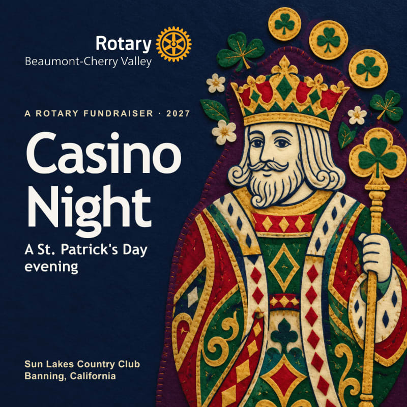 A stylized king from a playing card stands in the foreground against a dark blue background featuring event text and shamrocks.