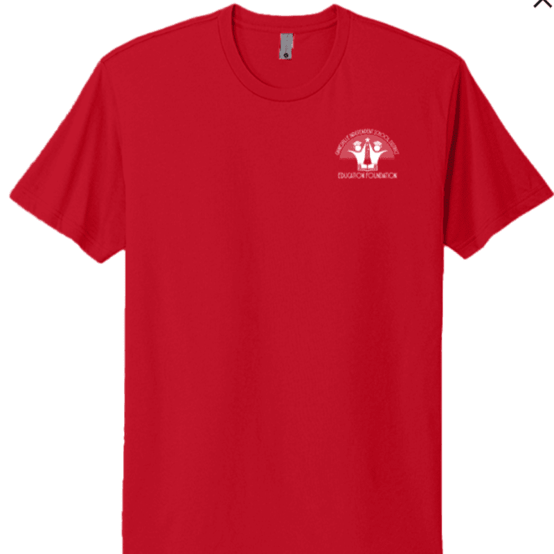 A red t-shirt with a white logo on the chest is set against a plain white background.