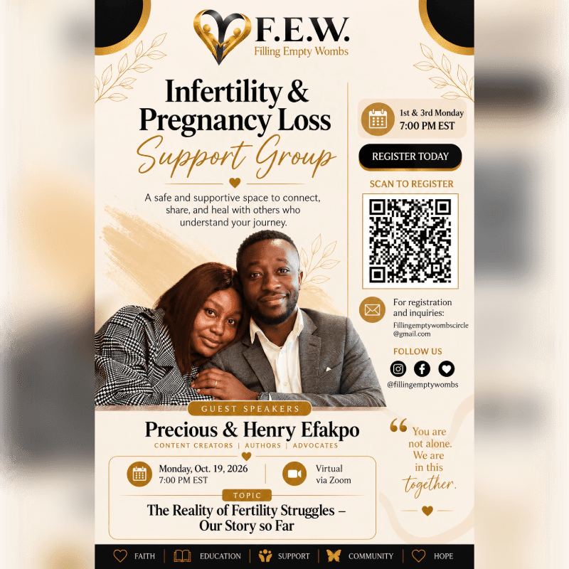 A couple is featured in the foreground of a promotional flyer for an infertility and pregnancy loss support group, set against a light beige background with text and a QR code.