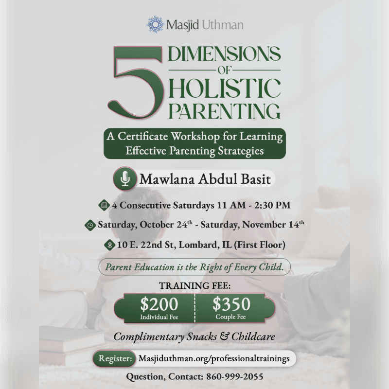 A promotional flyer for a "5 Dimensions of Holistic Parenting" workshop is overlaid on a blurred background of a child reading a book.