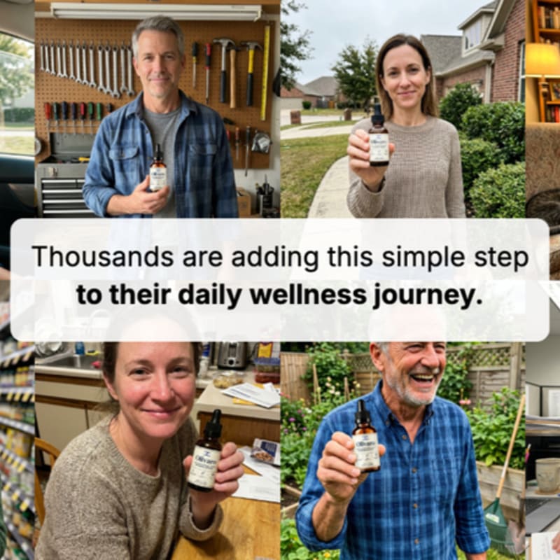 Four people hold small dropper bottles in various settings, including a workshop, a yard, and a kitchen, with a central text overlay about a wellness journey.