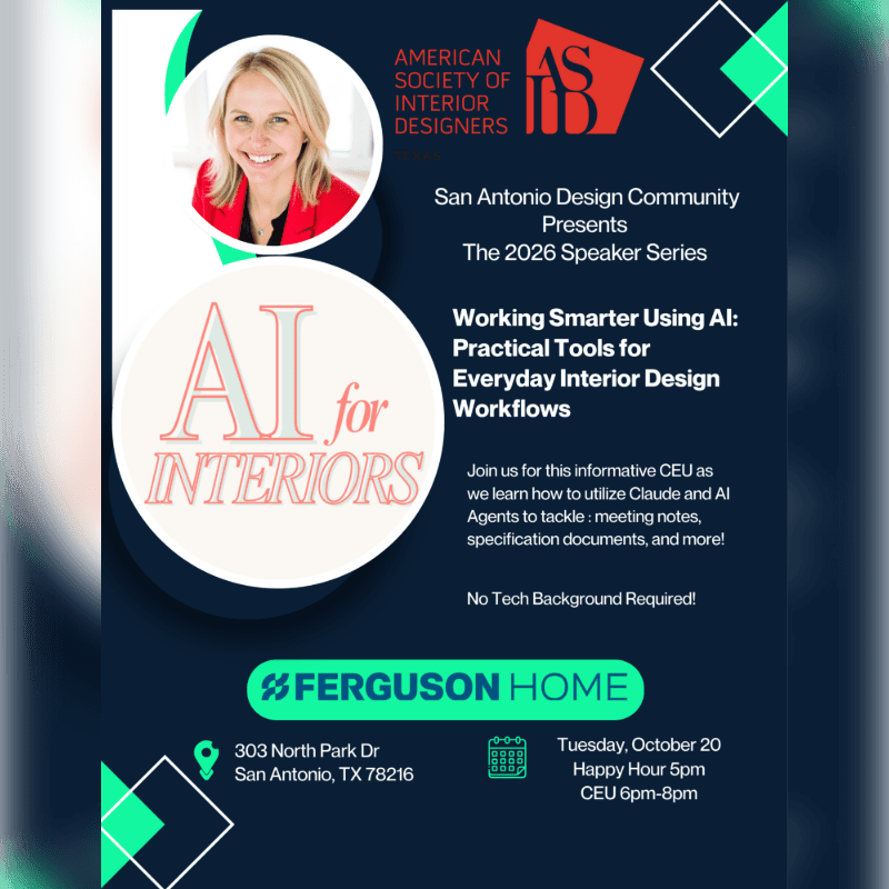 An event flyer for an AI interior design seminar features a woman's portrait and event details in the foreground against a dark blue background with green geometric accents.