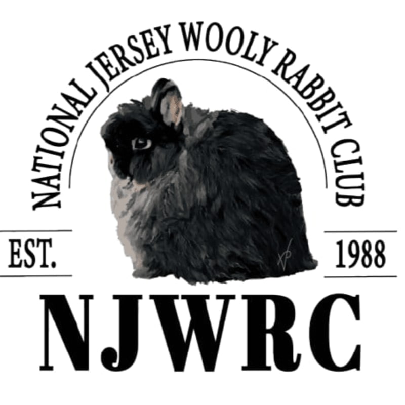 A fluffy black rabbit is centered within a circular logo for the National Jersey Wooly Rabbit Club against a plain white background.