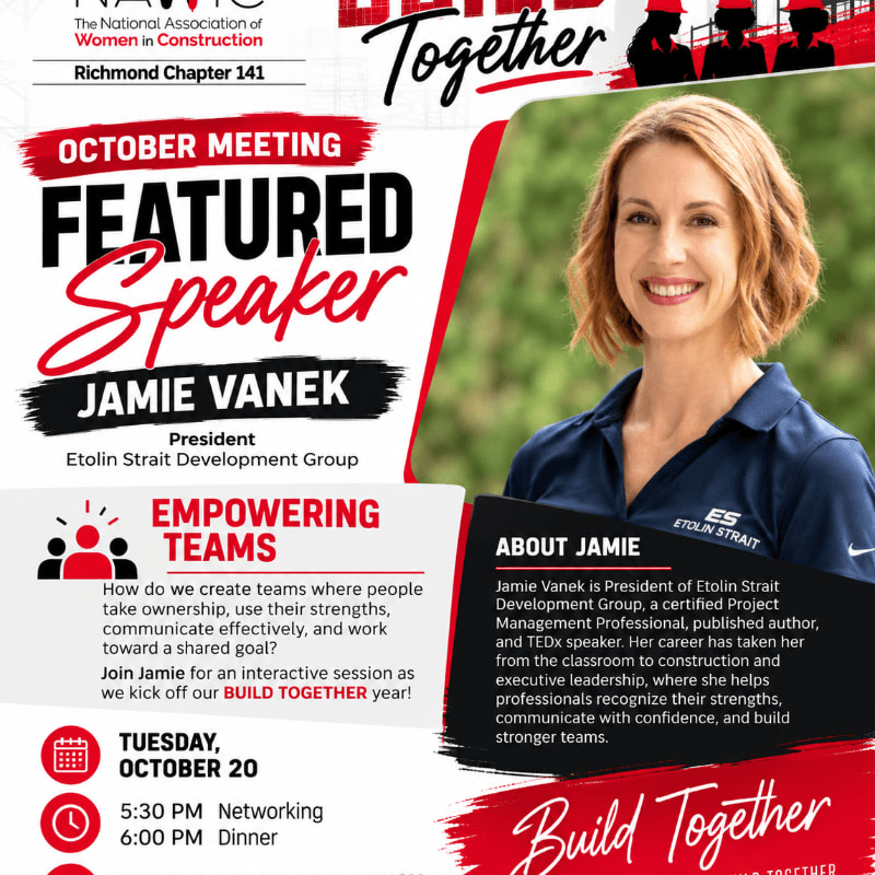 A promotional flyer for a NAWIC meeting features a portrait of speaker Jamie Vanek in the foreground against a white and red graphic background containing event details.