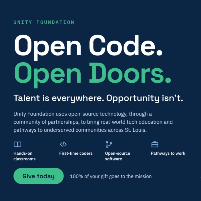 White and green text promoting the Unity Foundation is set against a dark navy blue background.