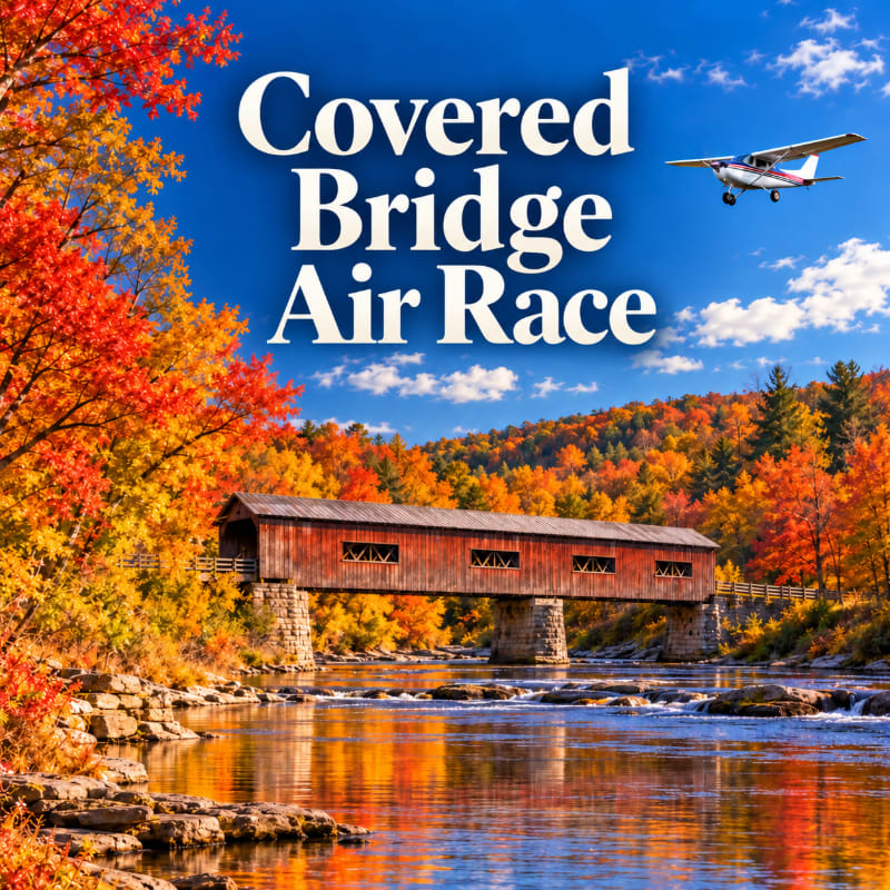 A red covered bridge spans a river reflecting autumn foliage, with a small airplane flying across a bright blue sky in the background.