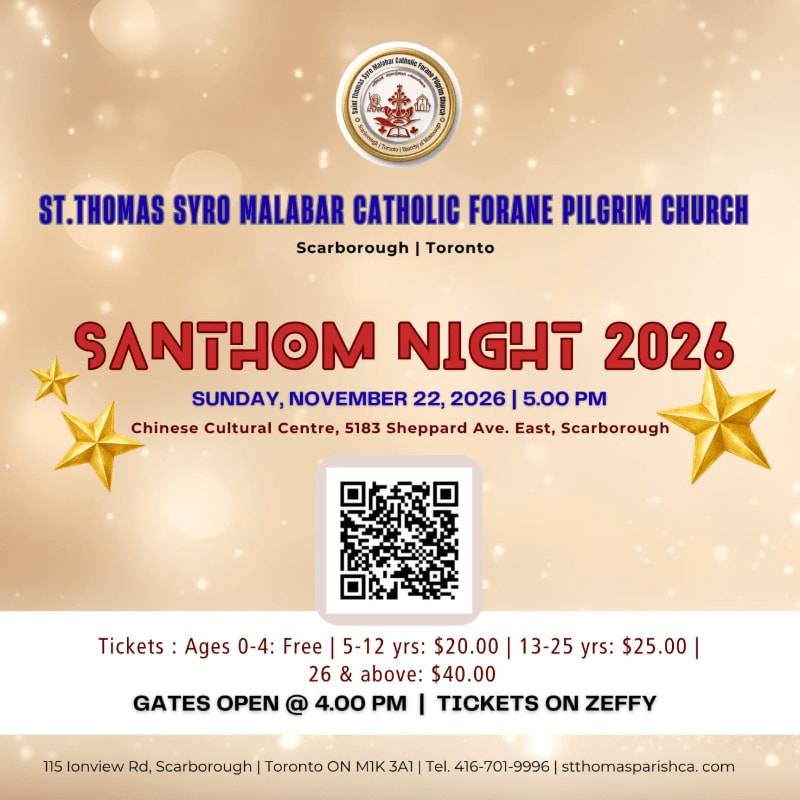A promotional flyer for "Santhom Night 2026" features event details and a QR code in the foreground against a shimmering, golden bokeh background.