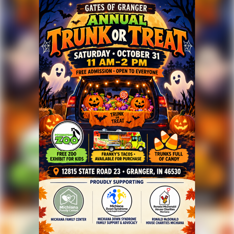 A colorful Halloween event flyer for "Trunk or Treat" features a car trunk filled with candy and pumpkins in the foreground, set against a background of ghosts and a large full moon.