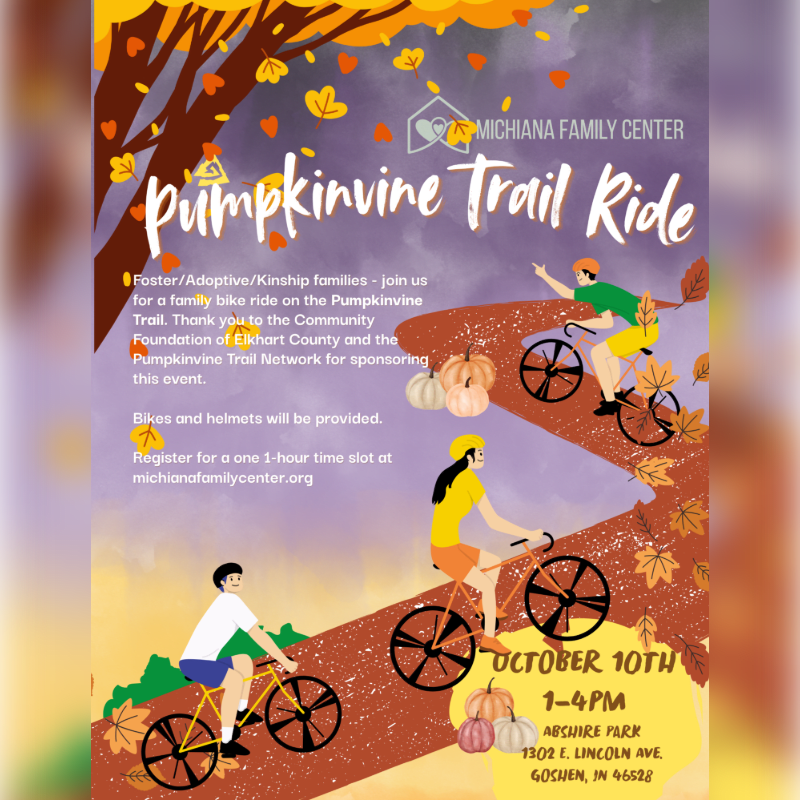 An event flyer for a "Pumpkinvine Trail Ride" features people cycling along a leaf-strewn path in the foreground, set against a background of autumn trees and a purple sky.