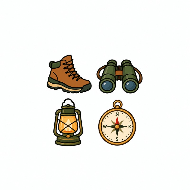 A hiking boot, binoculars, a lantern, and a compass are arranged in a grid against a plain white background.