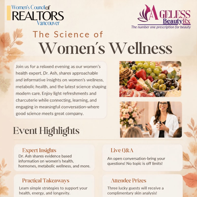 An event flyer for "The Science of Women's Wellness" features text and photos of food and a speaker in the foreground against a light beige background with floral accents.