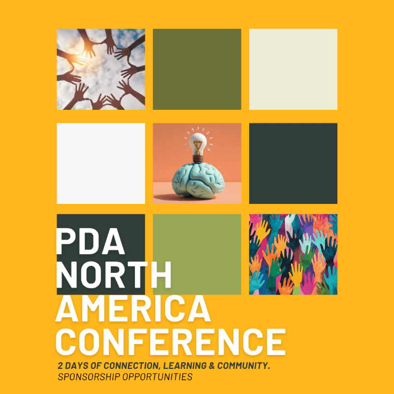 White and colorful text promoting the PDA North America Conference sits in the foreground against a yellow background featuring a grid of colorful squares and symbolic images.