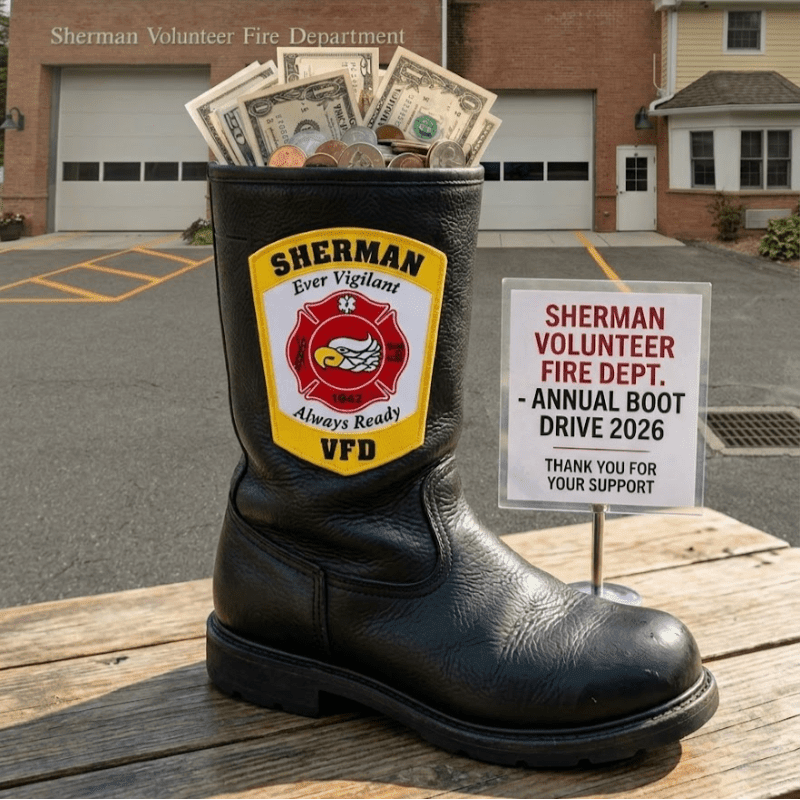A black firefighter's boot filled with cash and coins sits on a wooden table in front of the Sherman Volunteer Fire Department building.
