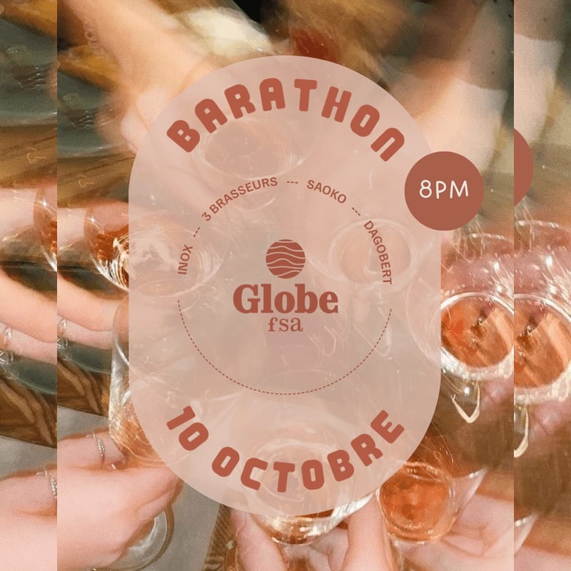 A circular event flyer for "Barathon" is overlaid on a background of people clinking glasses of rosé wine.
