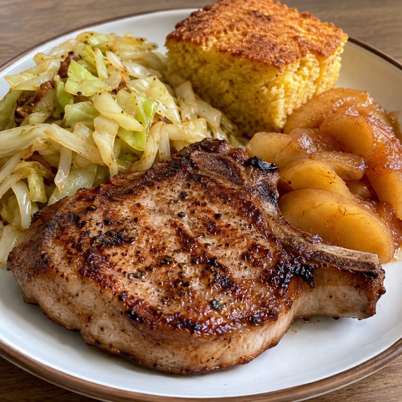 A seared pork chop sits in the foreground of a white plate alongside cabbage, cornbread, and apples, all set against a wooden background.